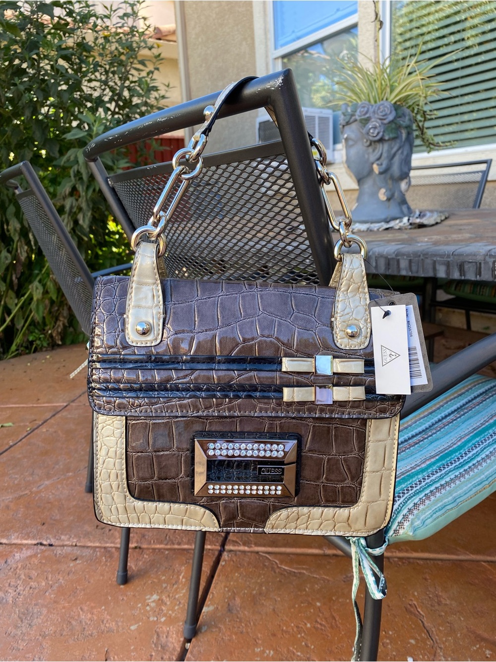 Guess Brown & Cream Croc-Embossed Satchel with Jeweled Plaque